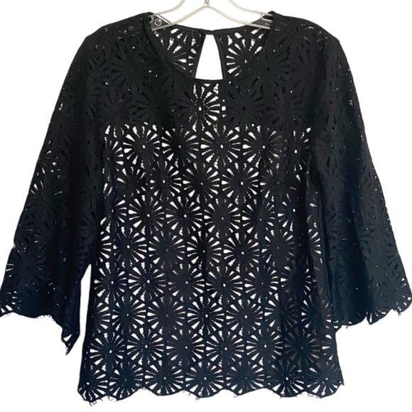 Trina Turk‎ Wilson Black Lace 3/4 Sleeves Blouse Top Black Cream M - Picture 3 of 15